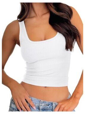Ribbed Padded Tank Top Fitted Crop Cami Workout Yoga Square Neck